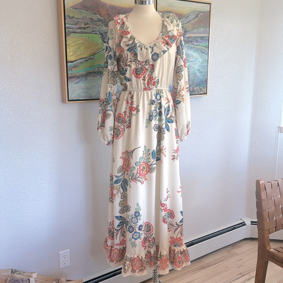 Boston Proper Boho Floral Ruffle Neck Floral Maxi Dress 8 - Picture 6 of 10